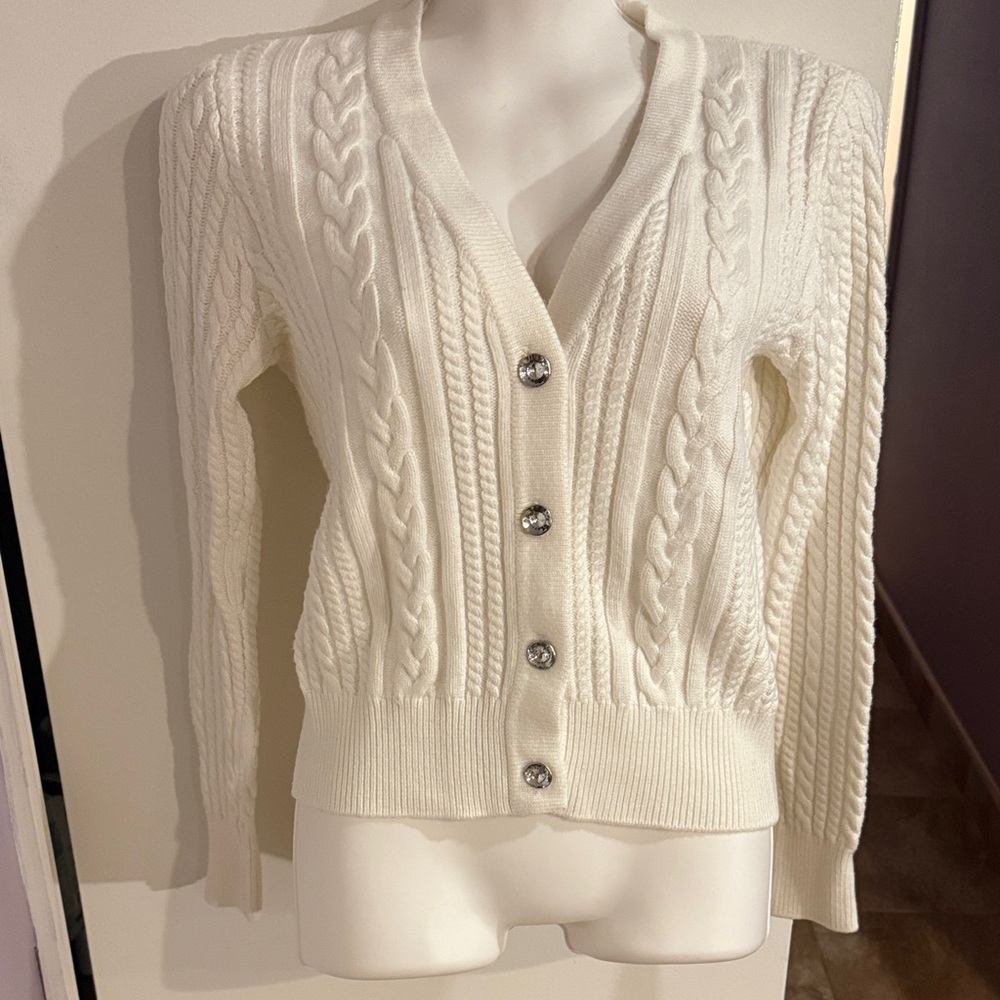 Magaschoni Cream Cable-Knit V-Neck Cardigan with Crystal Buttons